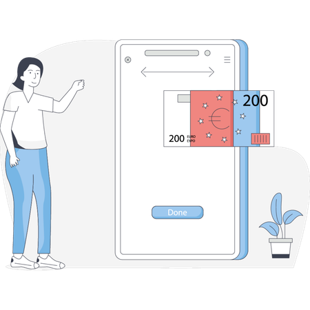Woman stands beside a phone displaying "200 euros" on its screen  Illustration