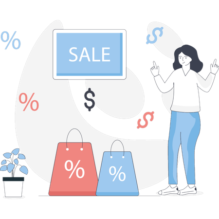 Woman stands beside a sale sign holding shopping bags smiling as she enjoys her shopping experience  Illustration