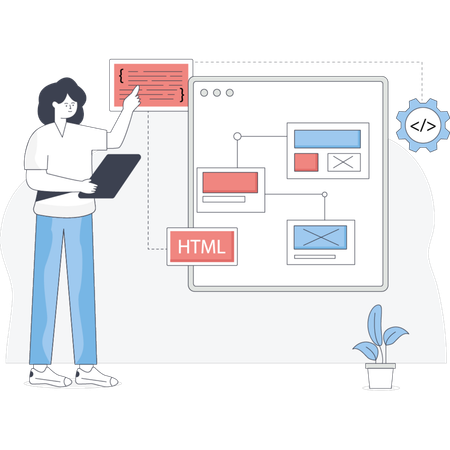 Woman stands by a whiteboard displaying HTML and HTML5 concepts engaged in a teaching or presentation setting Illustration