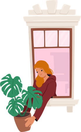 Woman stands by the window with a lush houseplant in her hands  Illustration