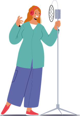 Woman Stands Confidently In Front Of  Professional Microphone  Illustration