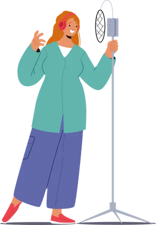 Woman Stands Confidently In Front Of  Professional Microphone  Illustration