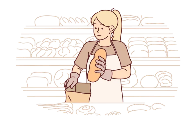 Woman stands in bakery putting bread in paper bag  Illustration