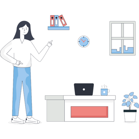 Woman stands in front of a desk focused on a laptop with a professional setting Illustration