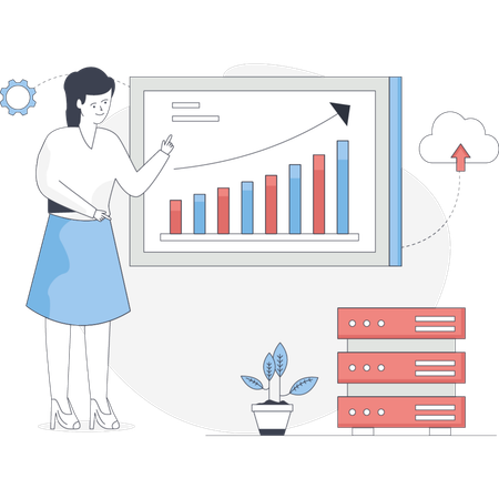Woman stands in front of a screen displaying a chart analyzing data with a focused expression  Illustration