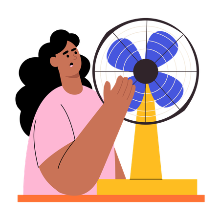 Woman stands in front of cooling fan  Illustration