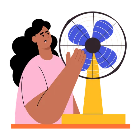 Woman stands in front of cooling fan  Illustration