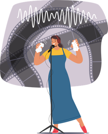 Woman Stands In Front Of Microphone Wearing Headphones And Creating Sound Effects By Crinkling Paper  Illustration