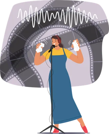 Woman Stands In Front Of Microphone Wearing Headphones And Creating Sound Effects By Crinkling Paper  Illustration