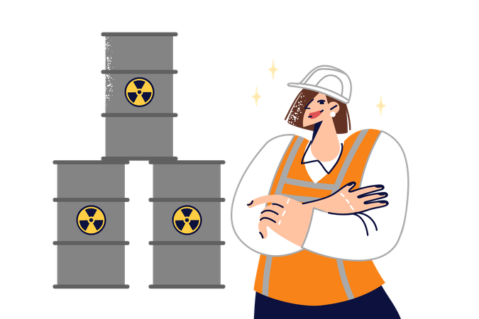 Woman stands near barrels of radioactive waste  Illustration