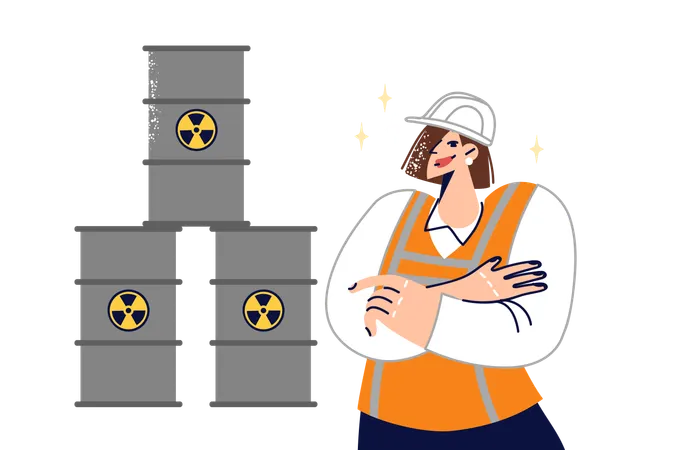 Woman Stands Near Barrels Of Radioactive Waste Calling For Proper Handling Of Toxic Substances Girl Employee Of Enterprise Crossed Arms Next To Containers For Storing Radioactive Things Illustration