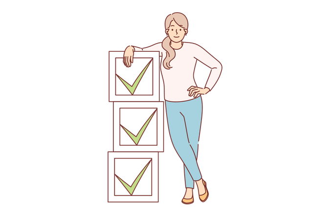 Woman stands near checkboxes with ticks symbolizing task management to increase productivity  일러스트레이션