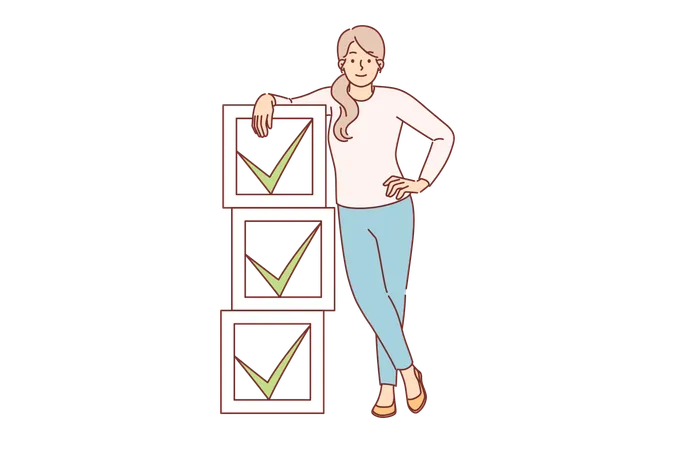 Woman Stands Near Checkboxes With Ticks Symbolizing Task Management To Increase Productivity Young Casual Girl Uses Task Management To Monitor Progress And Remind Of Important Goals 일러스트레이션