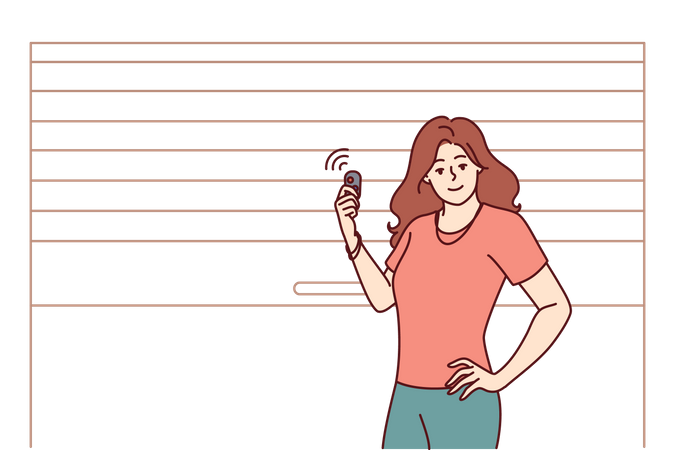 Woman stands near garage door pvc and uses electronic key to automatically open door  Illustration
