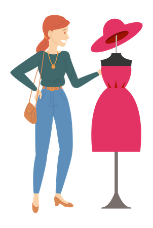 Woman stands near mannequin in ready made dress Illustration