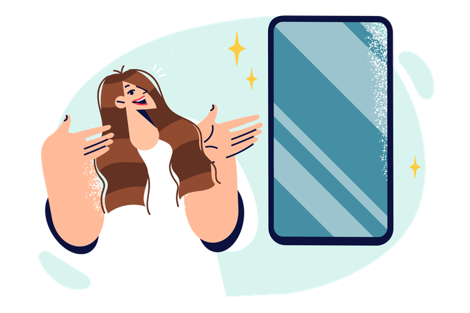 Woman stands near mobile phone and points hands at gadget  Illustration