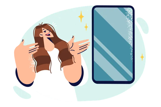 Woman stands near mobile phone and points hands at gadget  Illustration