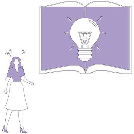 Woman stands near open book  Illustration
