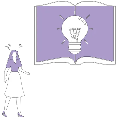 Woman stands near open book  Illustration