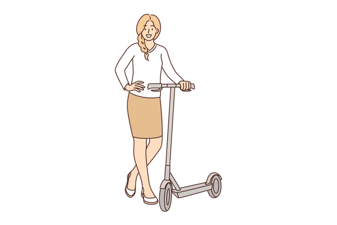 Woman stands near scooter and use alternative transport  Illustration
