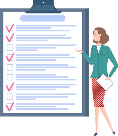 Woman stands near to do list and planning schedule. Plan fulfilled, task completed, timetable sheet  Illustration