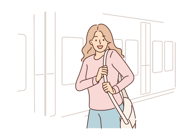 Woman stands near train car on platform of railway station and looks at screen smiling  Illustration