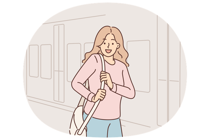 Woman stands near train car on platform of railway station and looks at screen smiling  Illustration