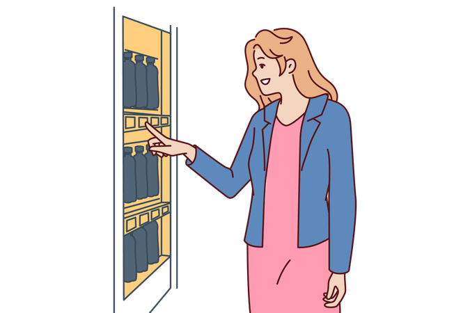 Woman stands near vending machine choosing snack or drink  イラスト