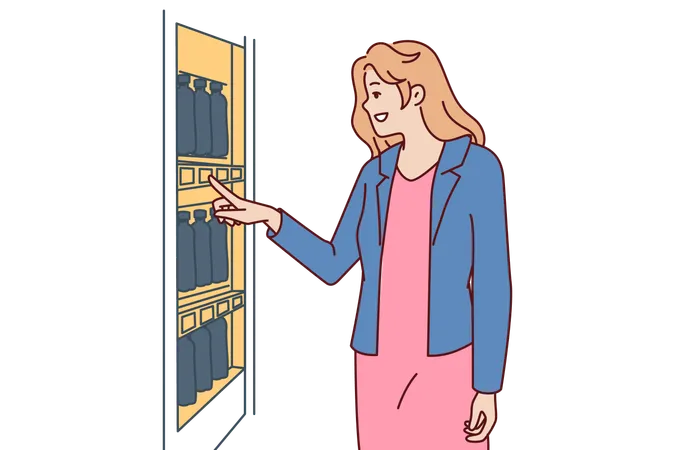Woman stands near vending machine choosing snack or drink to buy and satisfy hunger and thirst  Illustration