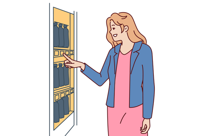 Woman stands near vending machine choosing snack or drink to buy and satisfy hunger and thirst  イラスト