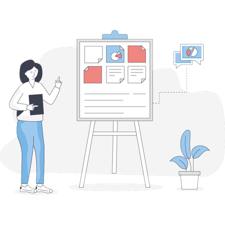 Woman stands next to a whiteboard delivering a presentation with visual aids for clarity  Illustration