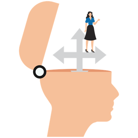 Woman stands on pointer in human head  Illustration