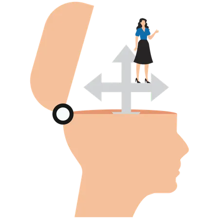 Woman stands on pointer in human head  Illustration