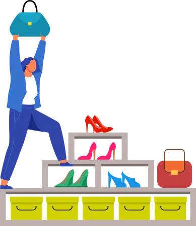 Woman stands on shoe stand in store  Illustration