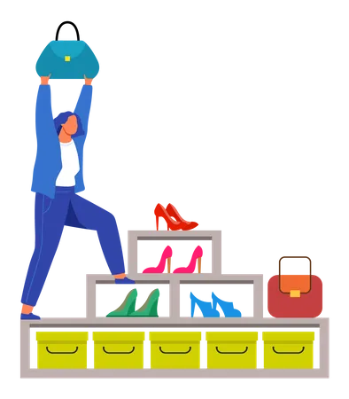 Beautiful Woman Stands On Shoe Stand In Store Female Character Holding Handbag In Her Hands Making Choice Lady Goes To Top Goal On Shelves With Shoes Fashion Style Clothing Stylization Concept Illustration