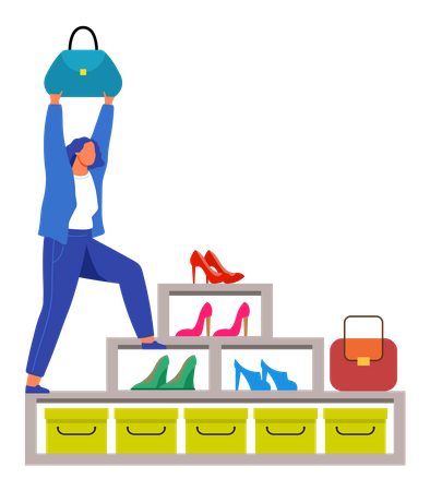 Woman stands on shoe stand in store  Illustration