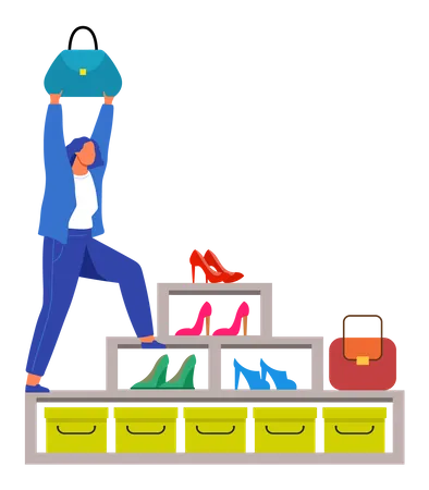 Woman stands on shoe stand in store  Illustration