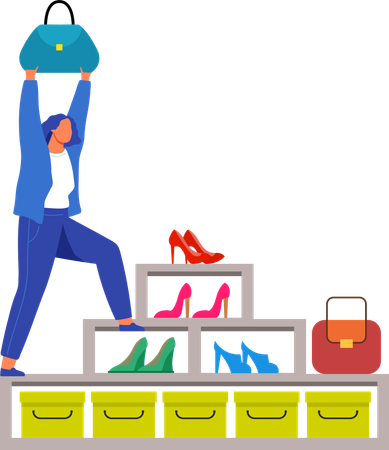 Woman stands on shoe stand in store  Illustration