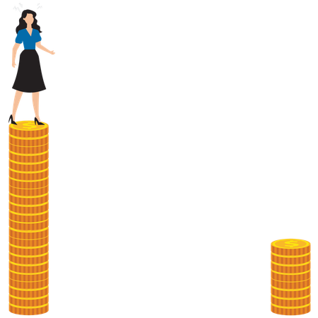 Woman stands on tall pile of gold coins looking at another pile at bottom  Illustration