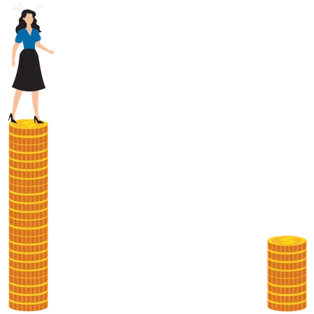 Woman stands on tall pile of gold coins looking at another pile at bottom  Illustration