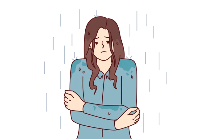 Woman stands shivering in rain without raincoat  Illustration