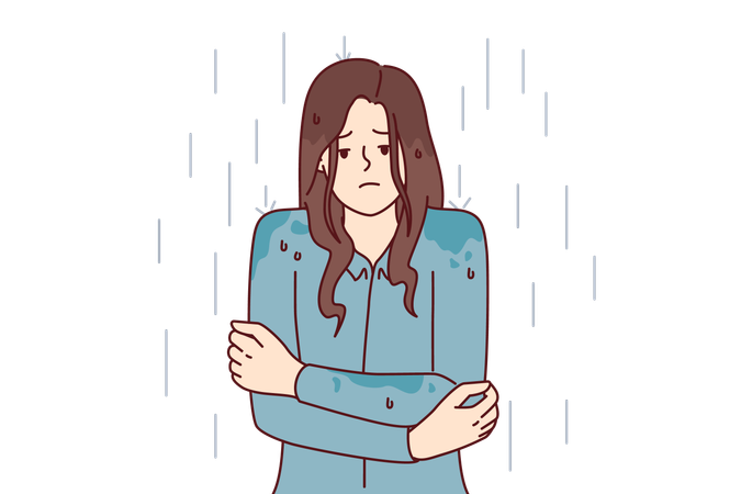 Woman stands shivering in rain without raincoat  Illustration