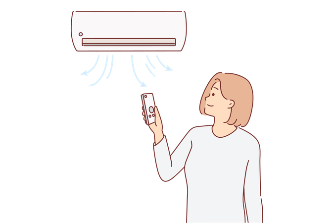 Woman stands under air conditioner and uses remote control to switch on  イラスト