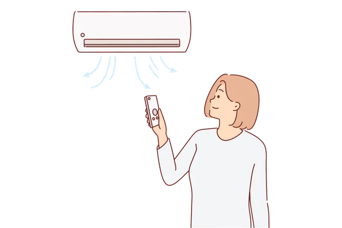 Woman Stands Under Air Conditioner And Uses Remote Control To Switch Operating Mode Or Change Temperature Working Conditioner Hangs On Wall Of Room Near Girl Enjoying Coolness And Fresh Air Illustration