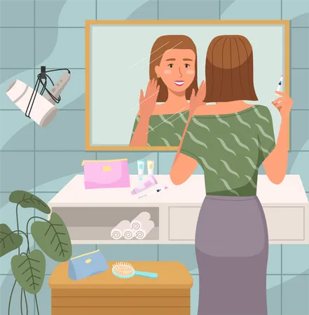 Girl Doing Morning Routine In The Bathroom Woman Stands With A Syringe To Inject Into The Face Female Character Looking In The Mirror And Applying Skin Care Product Girl Improves Skin Condition Illustration