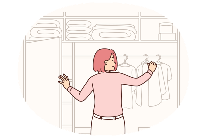Woman stands with back to screen near large wardrobe closet choosing outfit for going to work  Illustration