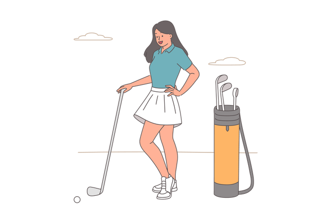 Woman stands with golf club and smiles and preparing to make shot to drive ball into hole  Illustration