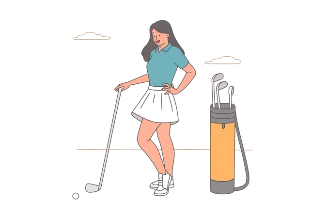 Woman stands with golf club and smiles and preparing to make shot to drive ball into hole  Illustration