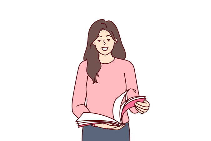 Woman stands with magazine in hands  Illustration