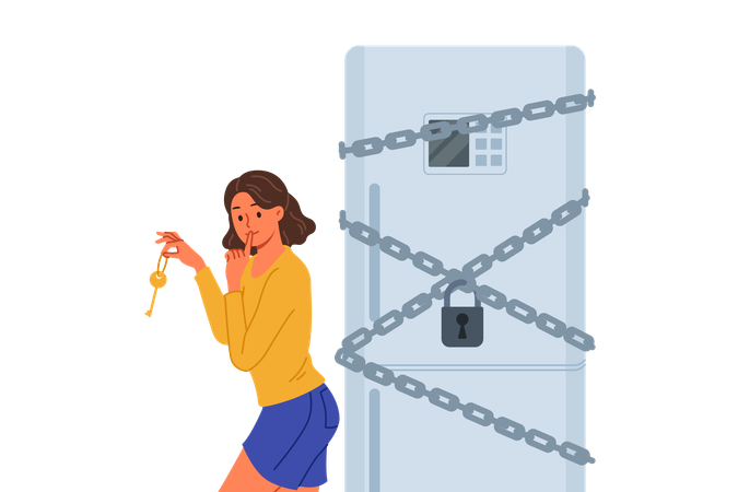 Woman starting diet locked refrigerator to reduce number of calories from food consumed  Illustration